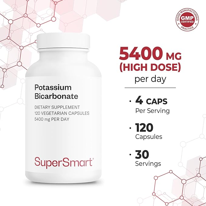 Supersmart - Potassium Bicarbonate 5400mg per Day (High Dose) - Electrolyte Mineral - Acid-Base Balance pH - Heart, Muscles & Nerves Health | Non-GMO & Gluten Free - 120 Vegetarian Capsules