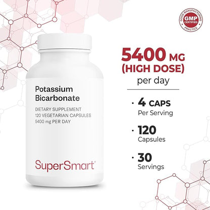 Supersmart - Potassium Bicarbonate 5400mg per Day (High Dose) - Electrolyte Mineral - Acid-Base Balance pH - Heart, Muscles & Nerves Health | Non-GMO & Gluten Free - 120 Vegetarian Capsules