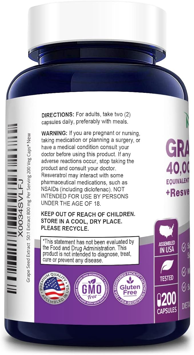 NusaPure Grape Seed Extract 40,000mg per Caps, 200 Vegan Capsules, Standardized, Non-GMO, Gluten Free, Resveratrol