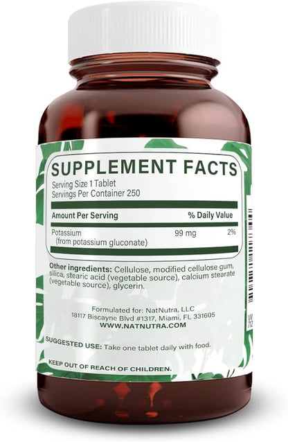 Natural Nutra Elemental Potassium Gluconate Dietary Supplement, Energy and Nervous System Health, Promotes Heart Health, 99 mg, 250 Vegan Tablets