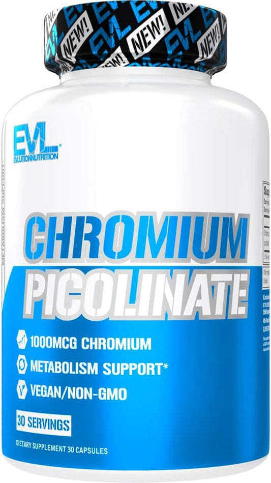 Chromium Picolinate 1000mcg Mineral Supplement - High Strength Chromium Supplement for Metabolism Hunger and Weight Support - Evlution Nutrition Lean Muscle Mass Gainer Bodybuilding Supplement