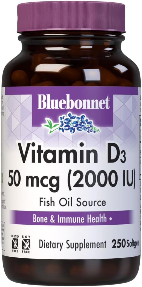 Bluebonnet Nutrition Vitamin D3 2000 IU50 mcg High Potency Immune Support, High Absorption Cold-Water Fish Liver Oil & Plant-Based Non-GMO Safflower Oil, Support Strong Bone, Gluten-Free, 250 Softgels