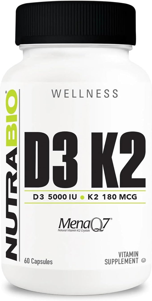 NutraBio Vitamin D3 K2 | 5000 IU D3 as Cholecalciferol with Vitamin K2 as MENA-Q MK7 (180mcg) | Support Bone and Heart Health | Non-GMO, Gluten Free, Lactose Free | 60 Vegetable Capsules