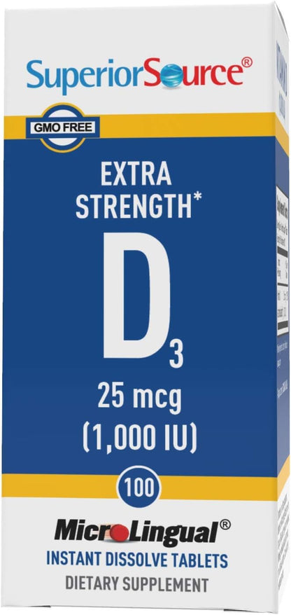 Superior Source Vitamin D3 1000 IU, Quick Dissolve MicroLingual Tablets, 100 Count, Helps Promote Strong Bones and Teeth, Immune Support, Helps Maintain Healthy Muscle Function, Non-GMO