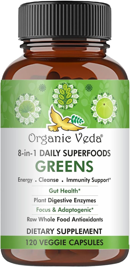 Organic Veda Super Greens Food Capsules - 30 Natural Fruit & Veggie Dietary Supplement with Moringa Leaf, Alfalfa, Turmeric, Papaya, Amla, Ashwagandha to Boosts Immunity, Gut Health - 120 Count