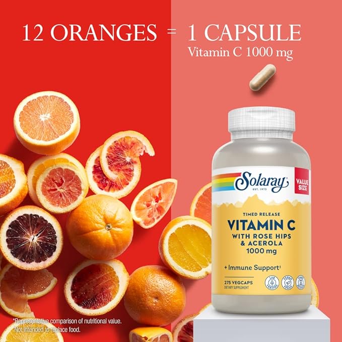 SOLARAY Vitamin C 1000mg Timed Release Capsules with Rose HIPS & Acerola Bioflavonoids, Two-Stage for High Absorption & All Day Immune Function Support, 60 Day Guarantee, 275 Servings, 275 VegCaps