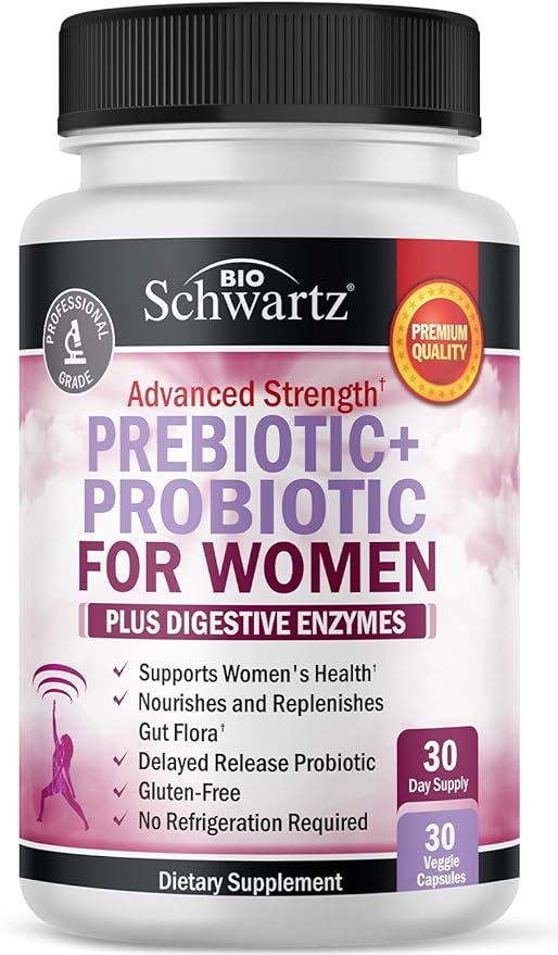 Prebiotics and Probiotics for Women - for Gut, Vaginal and Immune Health Support with Black Cohosh and Red Clover - Whole Food Digestive Enzymes Capsules, Lactobacillus Probiotic Supplement, 30 Count