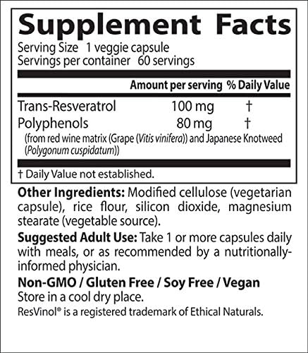 Doctor's Best, Trans-Resveratrol with Resvinol, Non-GMO, Vegan, Gluten Free, Soy Free, 100 mg, 60 Veggie Caps (DRB-00171)