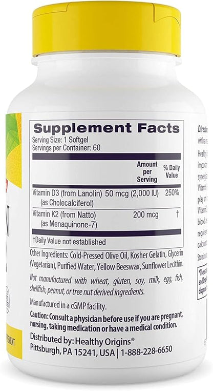 Healthy Origins Vitamin D3 & K2 - Vitamin D3, 50 mcg - Vitamin K2, 200 mcg - Easily Absorbable Vitamin D & Vitamin K Supplements - Non-GMO & Gluten-Free Supplements - 60 Softgels