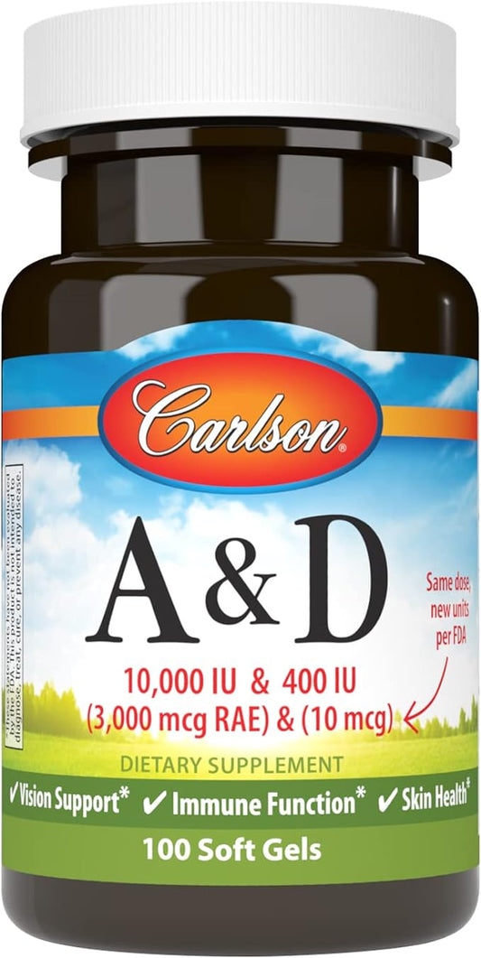 Carlson - A & D, 10000 IU (3000 mcg RAE) Vitamin A, 400 IU (10 mcg) Vitamin D3, Vision Support, Skin Health, 100 Soft Gels