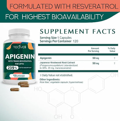 Advanced Apigenin Supplement with Resveratrol for Superior Bioavailability– 50mg Apigenin for Sleep Support Without Melatonin- Complements Magnesium Threonate, L Theanine- 120 Capsules, Vegan Friendly