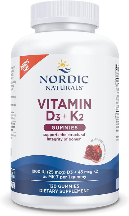 Nordic Naturals Vitamin D3 + K2 Gummies, Pomegranate - 120 Gummies - 1000 IU Vitamin D3 + 45 mcg Vitamin K2 - Great Taste - Bone Health, Promotes Healthy Muscle Function - Non-GMO - 120 Servings