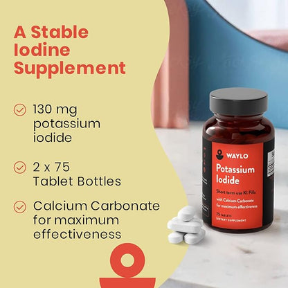 Potassium Iodide with Calcium Carbonate | Maximum Protection Short Term Use KI Potassium Iodide Pills | Iodine Tablets for Thyroid Support | Made in USA | 130mg | 75 ct 2pk