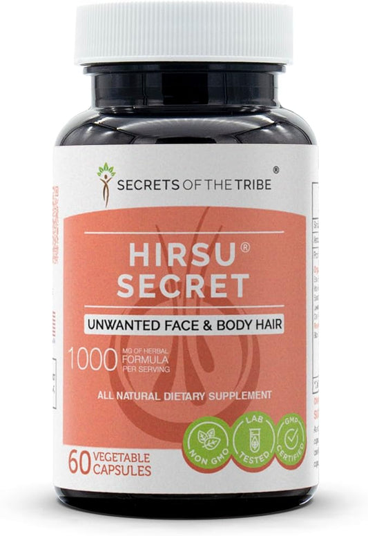 Hirsu Secret 60 Capsules, 1000 mg, Saw Palmetto, Black Cohosh, Vitex, Spearmint, Lavender, Green Tea. Unwanted Face & Body Hair (60 Capsules)