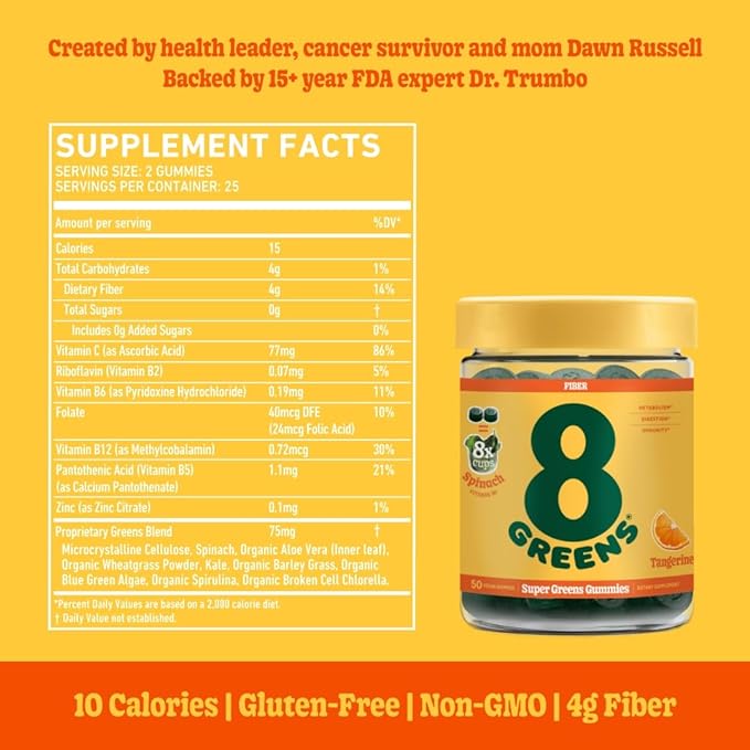 8Greens Daily Fiber Super Greens Gummies - Tangerine Flavor: Boost Immune System & Digestive Health with 8 Real Greens - Non-GMO Formula, Chewables