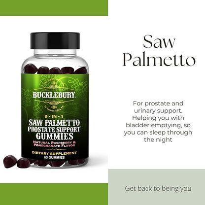 9-in-1 Saw Palmetto Gummies for Prostate and Urinary Support - Natural Raspberry and Pomegranate Flavour Plant-Based Dietary Supplement for Bladder Emptying and Hair Loss - 60 Gummies