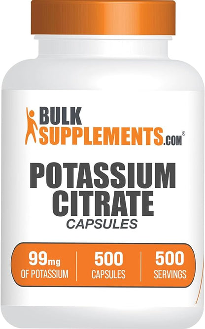 BulkSupplements.com Potassium Citrate Capsules - Potassium Supplement, Potassium Citrate 99mg - Potassium Citrate Supplement, Potassium Pills - 1 Capsule per Serving, 500 Capsules (Pack of 1)