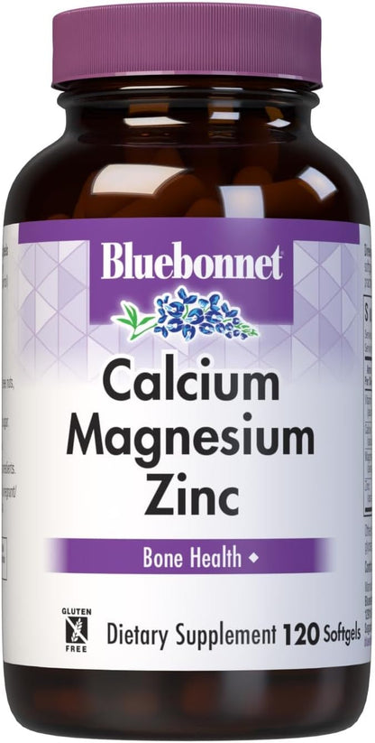 Bluebonnet Nutrition Calcium Magnesium Zinc Plus Vitamin D3, 1000 mg of Calcium, 500 mg of Magnesium and 15 mg of Zinc, 400IU Vitamin D3, For Strong Healthy Bones*, Gluten-Free, Dairy-Fee, 120 softgel