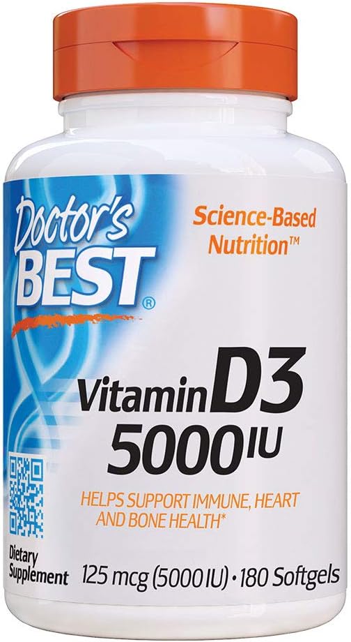 Doctor's Best Vitamin D3 5000IU, Non-GMO, Gluten & Soy Free, Regulates Immune Function, Supports Healthy Bones, White, No Flavour, 180 Count