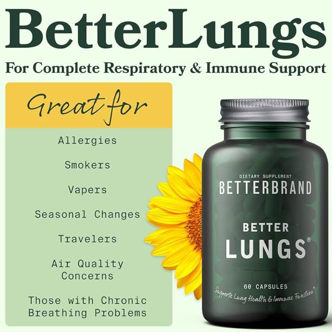 Betterbrand BetterLungs Daily Respiratory Health Supplement | with Mullein Leaf, Elderberry, Vitamin D, Ginseng and Reishi Mushroom | Lung Health, Allergy, Sinus, and Mucus Relief (60 Capsules)