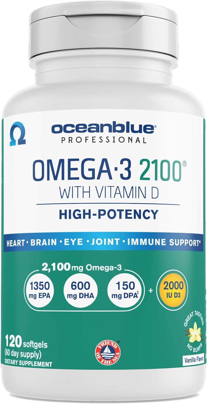 Oceanblue Professional Omega-3 2100 – 120 ct – Triple Strength Burpless Fish Oil Supplement with High-Potency EPA, DHA, DPA and Vitamin D3 – Wild-Caught – Vanilla Flavor (60 Servings)