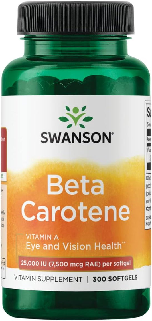 Swanson Beta-Carotene Vitamin A 25000 IU Softgels - Skin, Eye, and Immune System Health - Antioxidant Support - 7500 mcg (300 Softgels)