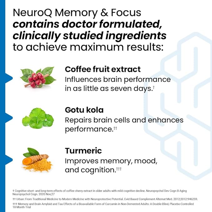 NeuroQ Memory & Focus - Boosts Cognitive Performance & Healthy Brain Function - Neuroprotective Formula by Dr. Dale Bredesen - Gotu Kola Ginkgo Phosphatidylserine Coffee Fruit & Propolis - 60 Capsules