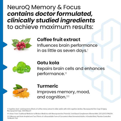 NeuroQ Memory & Focus - Boosts Cognitive Performance & Healthy Brain Function - Neuroprotective Formula by Dr. Dale Bredesen - Gotu Kola Ginkgo Phosphatidylserine Coffee Fruit & Propolis - 60 Capsules