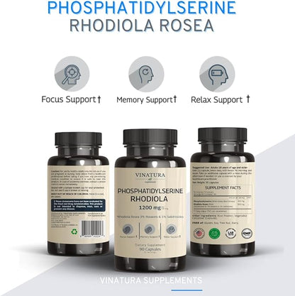 PhosphatidylSerine Rhodiola Rosea 1200mg per Serving, 3% Rosavins & 1% Salidrosides - Calm, Brain Booster, Brain Supplements for Memory and Focus - 90 Capsules 45 Servings