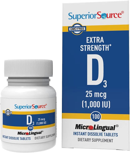 Superior Source Vitamin D3 1000 IU, Quick Dissolve MicroLingual Tablets, 100 Count, Helps Promote Strong Bones and Teeth, Immune Support, Helps Maintain Healthy Muscle Function, Non-GMO