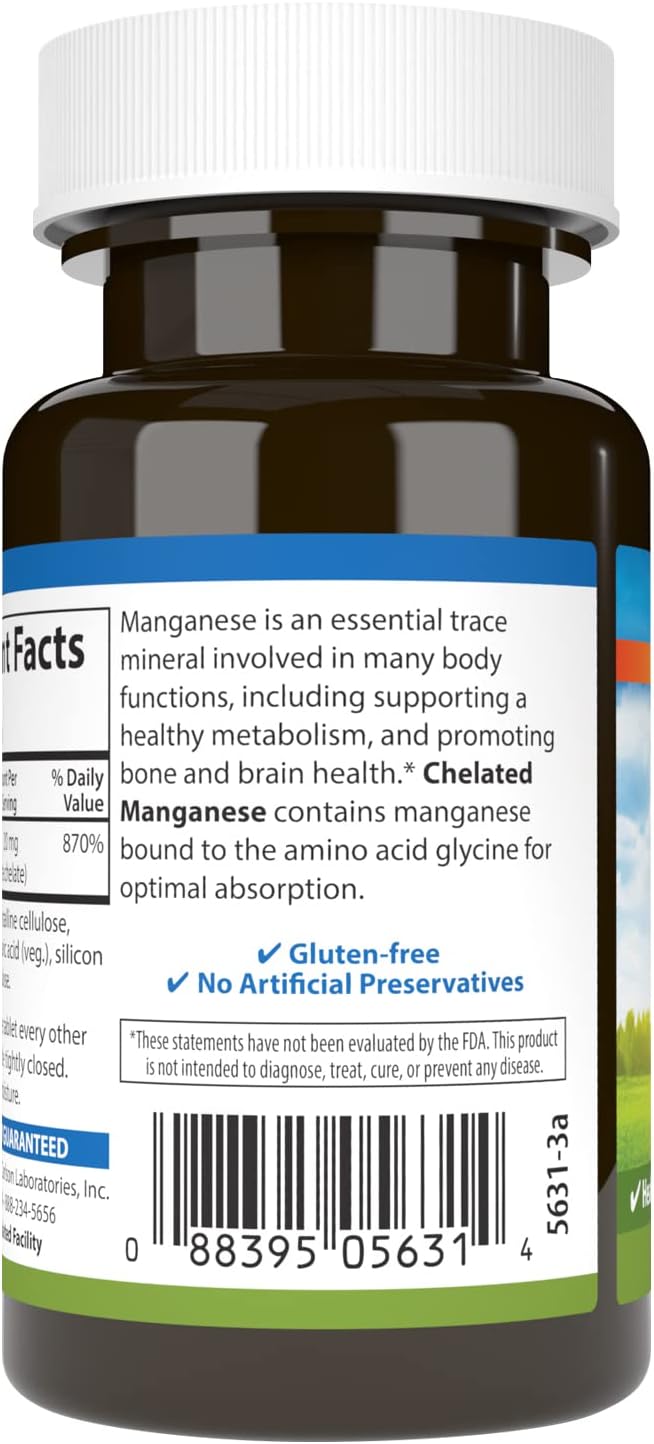 Carlson - Chelated Manganese, 20 mg, Superior Absorption, Healthy Metabolism, Bone Support & Brain Health, 100 Tablets