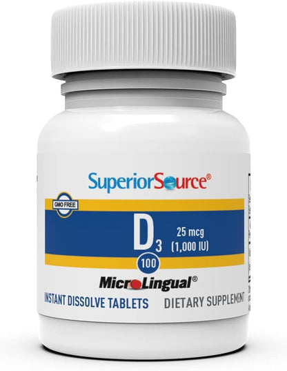 Superior Source Vitamin D3 1000 IU, Quick Dissolve MicroLingual Tablets, 100 Count, Helps Promote Strong Bones and Teeth, Immune Support, Helps Maintain Healthy Muscle Function, Non-GMO