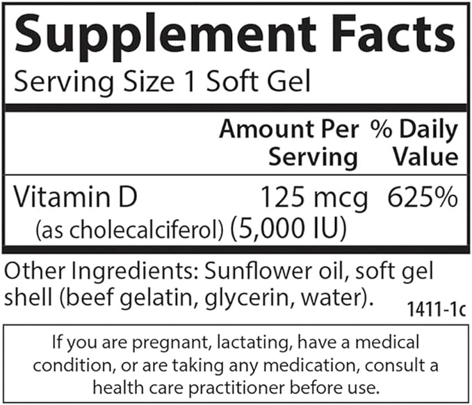 Carlson - Vitamin D3 5000 IU (125 mcg), Bone Health, Muscle Health, Cholecalciferol, Vitamin D Supplements, Vitamin D3 Soft Gels, 120 Softgels