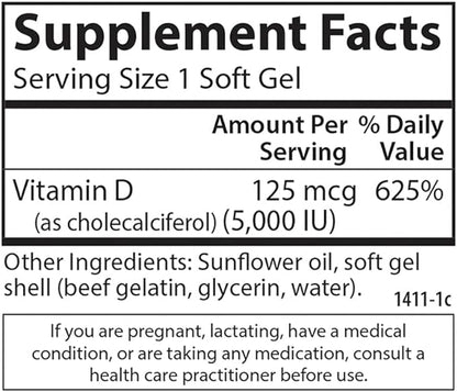 Carlson - Vitamin D3 5000 IU (125 mcg), Bone Health, Muscle Health, Cholecalciferol, Vitamin D Supplements, Vitamin D3 Soft Gels, 120 Softgels