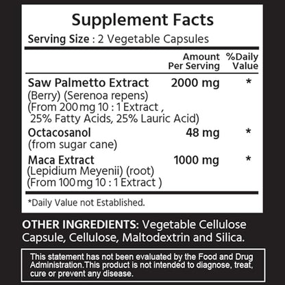 Saw Palmetto 1000 mg 120 Vegan Capsules. 3 in 1. Premium Quality with Octacosanol & Maca. Prostate, Urinary Health, Circulatory Health, Natural Energizer.