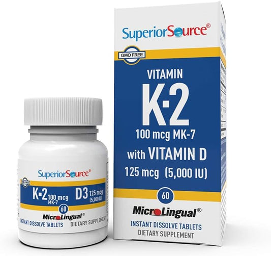 Superior Source K2 (MK-7) 100 mcg, with D3 (5000 IU) Supplement, Quick Dissolve MicroLingual Tablets, 60 Count, Strengthen Bones, Cardiovascular & Immune System Support, Joint Health, Non-GMO