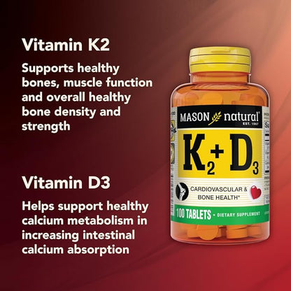 MASON NATURAL Vitamin K2 100 mcg Plus Vitamin D3 - Supports Bone, Cardiovascular & Muscle Health, 100 Tablets