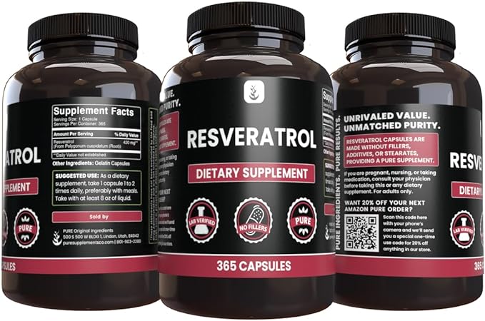 PURE ORIGINAL INGREDIENTS Resveratrol, (365 Capsules) No Magnesium Or Rice Fillers, Always Pure, Lab Verified