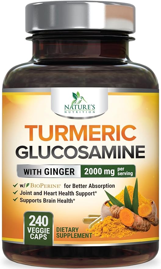 Turmeric Curcumin with BioPerine, Ginger & Glucosamine 95% Curcuminoids 2000mg Black Pepper for Max Absorption Joint Support, Nature's Tumeric Herbal Extract Supplement, Vegan, Non-GMO - 240 Capsules