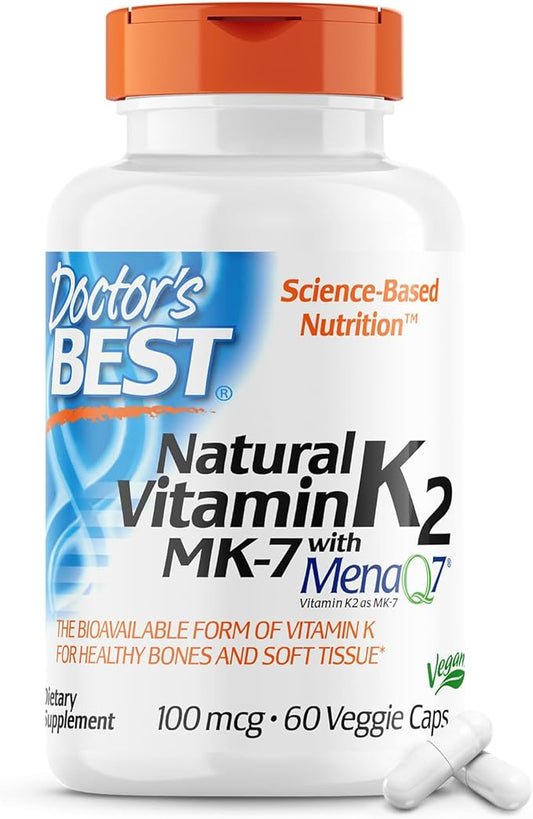 Doctor's Best Natural Vitamin K2 Mk-7 with MenaQ7, 100mcg Vitamin K2 Supplement Supports Bone Health, Non-GMO, 60 Veggie Capsules