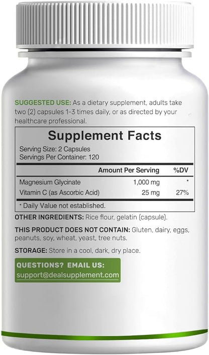 Magnesium Glycinate Plus Vitamin C – 100% Chelated for Absorption – Essential Mineral Supplement for Muscle, Mood, Sleep, & Heart Health