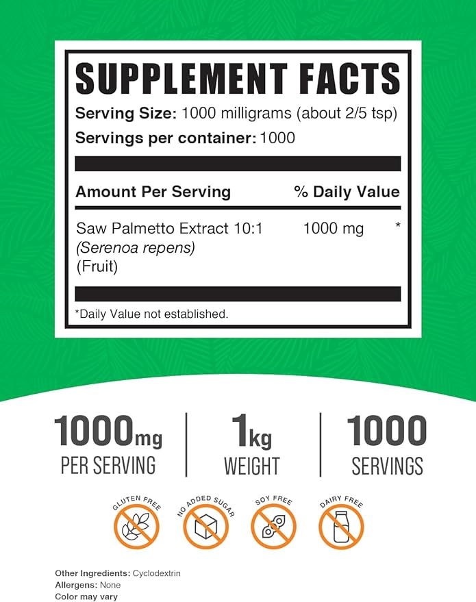 BulkSupplements.com Saw Palmetto Extract Powder - Serenoa Repens, Saw Palmetto Supplement, Saw Palmetto Powder - Vegan & Gluten Free, 1000mg per Serving, 1kg (2.2 lbs) (Pack of 1)