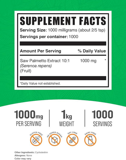 BulkSupplements.com Saw Palmetto Extract Powder - Serenoa Repens, Saw Palmetto Supplement, Saw Palmetto Powder - Vegan & Gluten Free, 1000mg per Serving, 1kg (2.2 lbs) (Pack of 1)