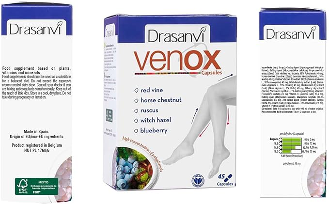 Drasanvi VENOX 45 Capsules - Health Care - Vitamins & Dietary Supplements - Vitamins - Multivitamins - Legs - Red Vine - Blueberries - Blackcurrant - Vitamins A, C and E - Gluten Free - Vegan