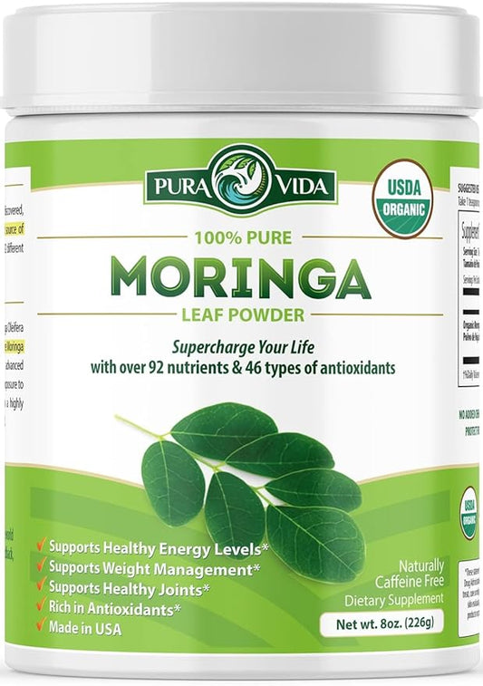 PURA VIDA MORINGA Moringa Powder Organic Single Origin - Premium 100% Leaf Powder, USDA Organic Moringa Oleifera, Moringa Leaf Powder - Perfect for Smoothies & Recipes. 8 oz.