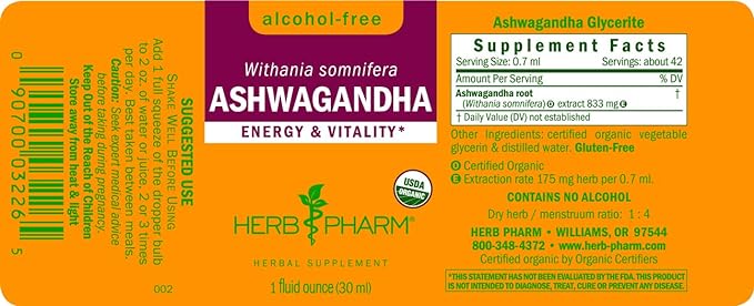 Herb Pharm Organic Ashwagandha Liquid Extract, Alcohol-Free: Mood Support Supplement, Vegan Ashwagandha Root Glycerite, Tasty Non-Bitter Adaptogen Extract for Adults, Non-GMO, 1 Oz