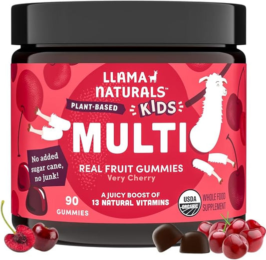 Llama Naturals Real Fruit Gummy Vitamins for Kids, No Added Sugar Cane or Sweeteners, Whole Food Multivitamin, Vegan Toddler Gummies, Plant Based, Organic, Chewable 90 ct (30-60 Days) Cherry