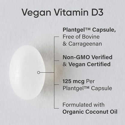 Sports Research Vegan Vitamin D3 5000IU (125 mcg) with Coconut Oil | 100% Plant-Based Vitamin D for Bone, Joint & Immune Support | Carrageenan Free, Vegan Certified & Non-GMO Verified (60 Softgels)