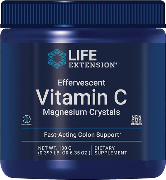 Life Extension Effervescent Vitamin C-Magnesium Crystals - Ascorbic Acid Vitamin C Powder Supplement - for Healthy Immune Support with Vitamin B6 - Gluten Free, Non-GMO - 180 Grams, 30 Servings