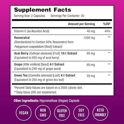 Resveratrol Supplement | Extra Strength Formula for Healthy Aging, Immune Support & Heart Health | 60 Vegan Capsules with Trans-Resveratrol, Green Tea Leaf, Acai Berry & Grape Seed Extract